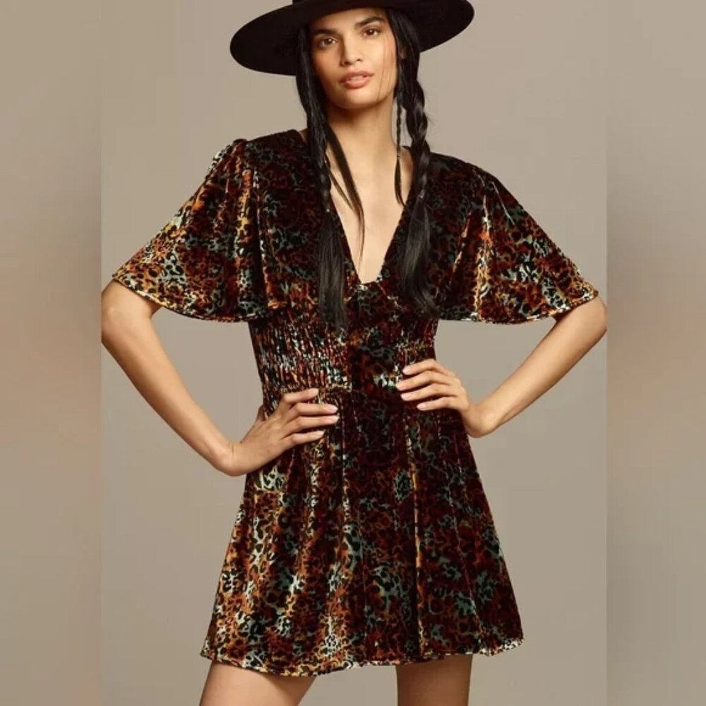 Velvet Leopard-Print Mini Dress in Brown